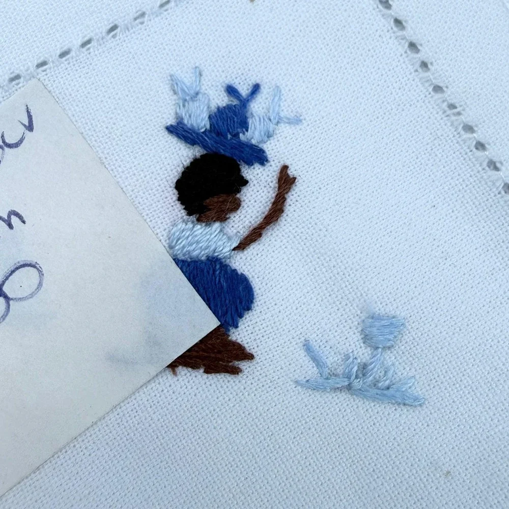 Vintage Hand-Embroidered Linen‎ Napkins – Whimsical Folk Art Figures – Set of 4